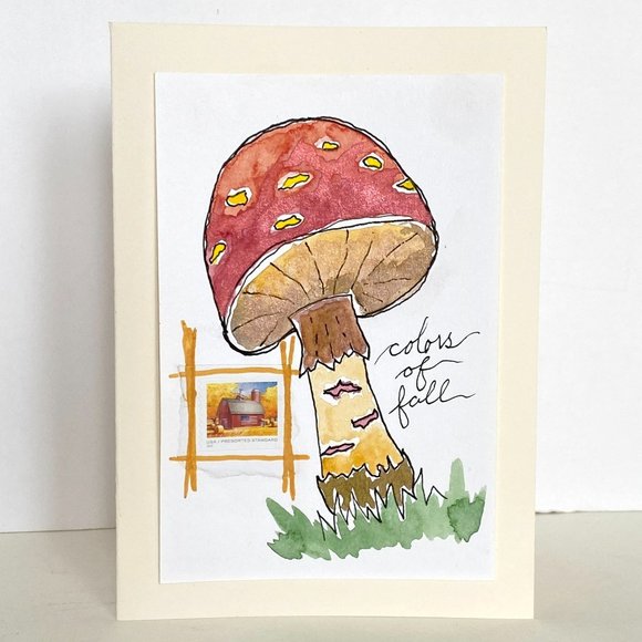 Mushroom Colors of Fall Blank Greeting Card Original Handmade Watercolor Collage - Picture 1 of 5